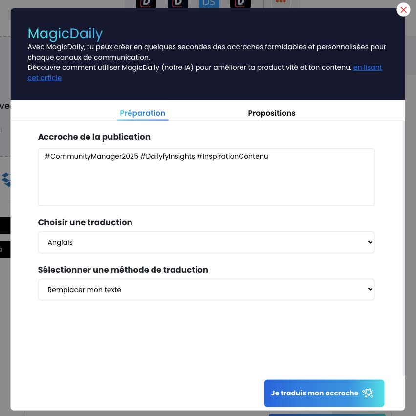 configuration magicDaily IA pour traduction accroche