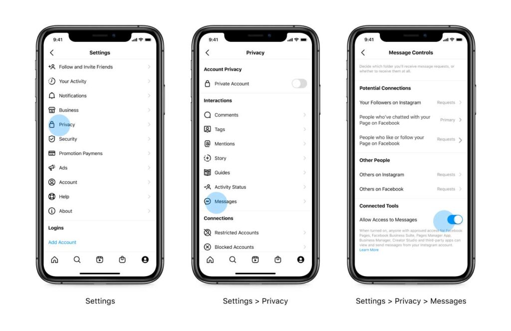 Instagram, autoriser les accès aux messages