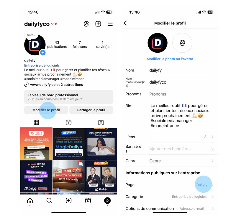 vérifier page facebook connecter à compte Instagram