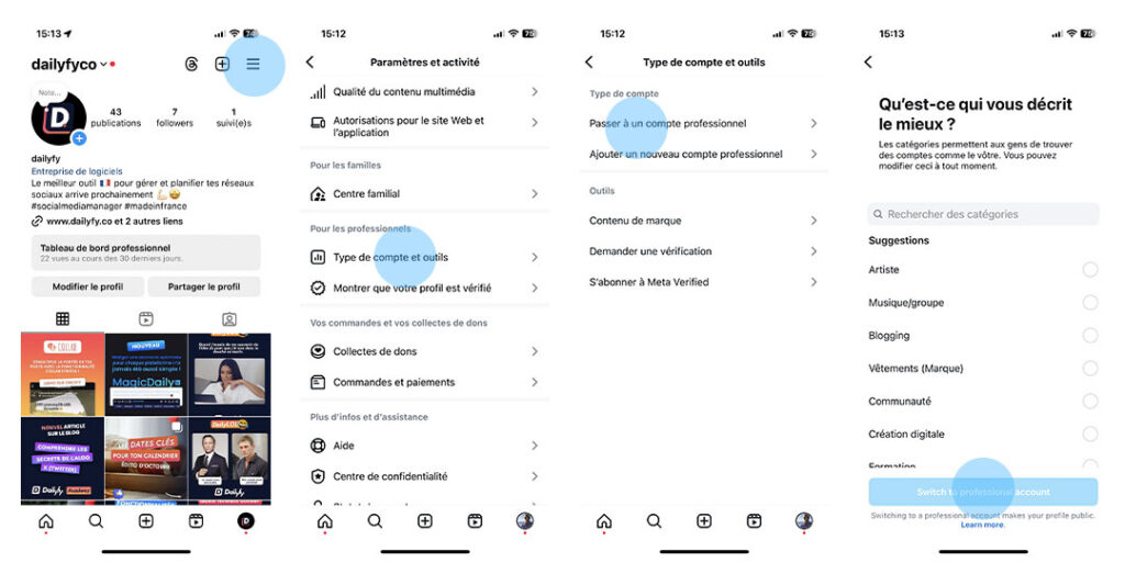 étapes pour passer d'un compte Instagram perso à Business/creator