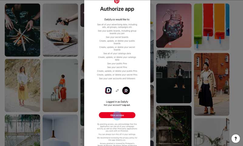 autorisation Pinterest Application